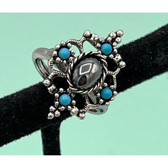 Vintage Avon Silver Tone Hematite Ring with Faux Turquoise Size 7.5 - Picture 2 of 10